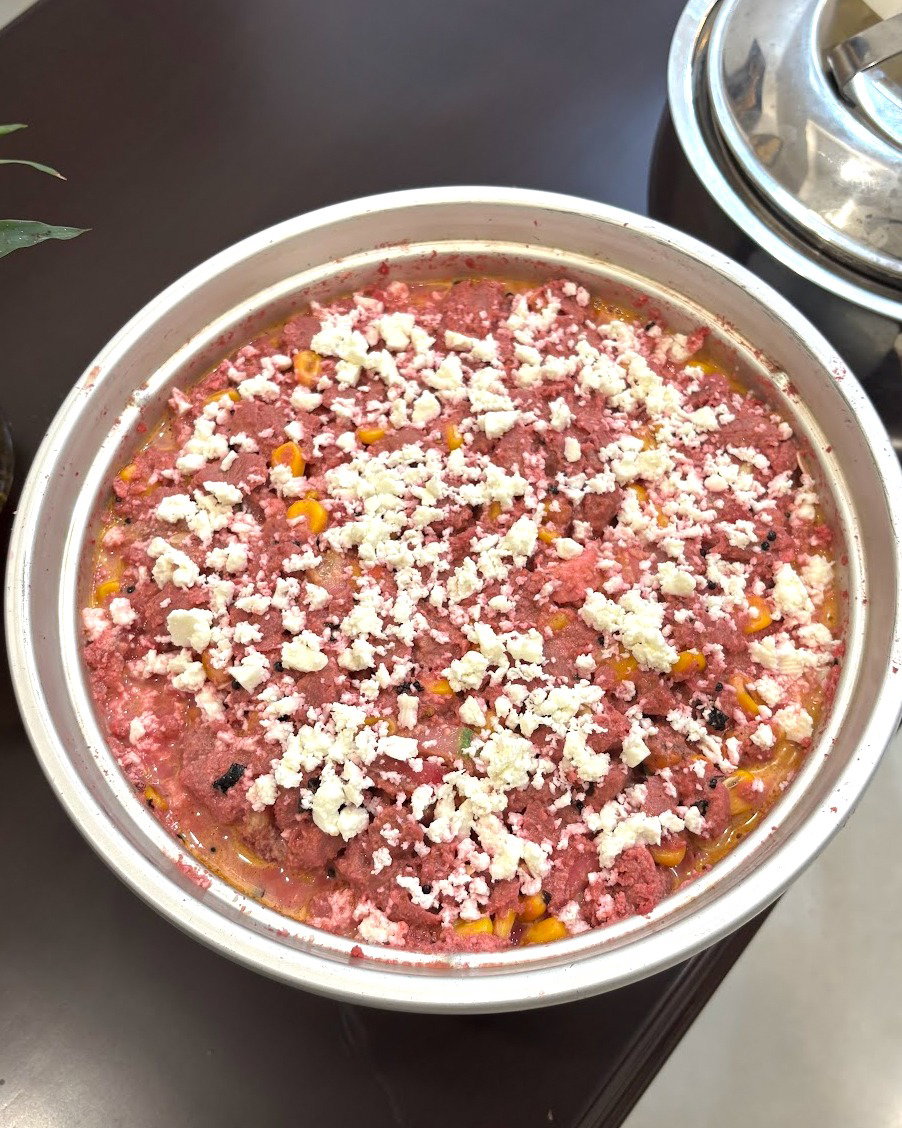Roasted Soya in Beetroot Cream with Snow Paneer recipe