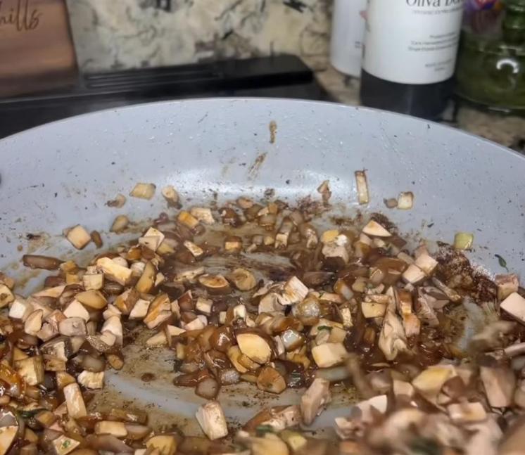 Step 3.1: Melt butter in the pan and sauté onion, garlic, mushrooms, and thyme until softened and fragrant