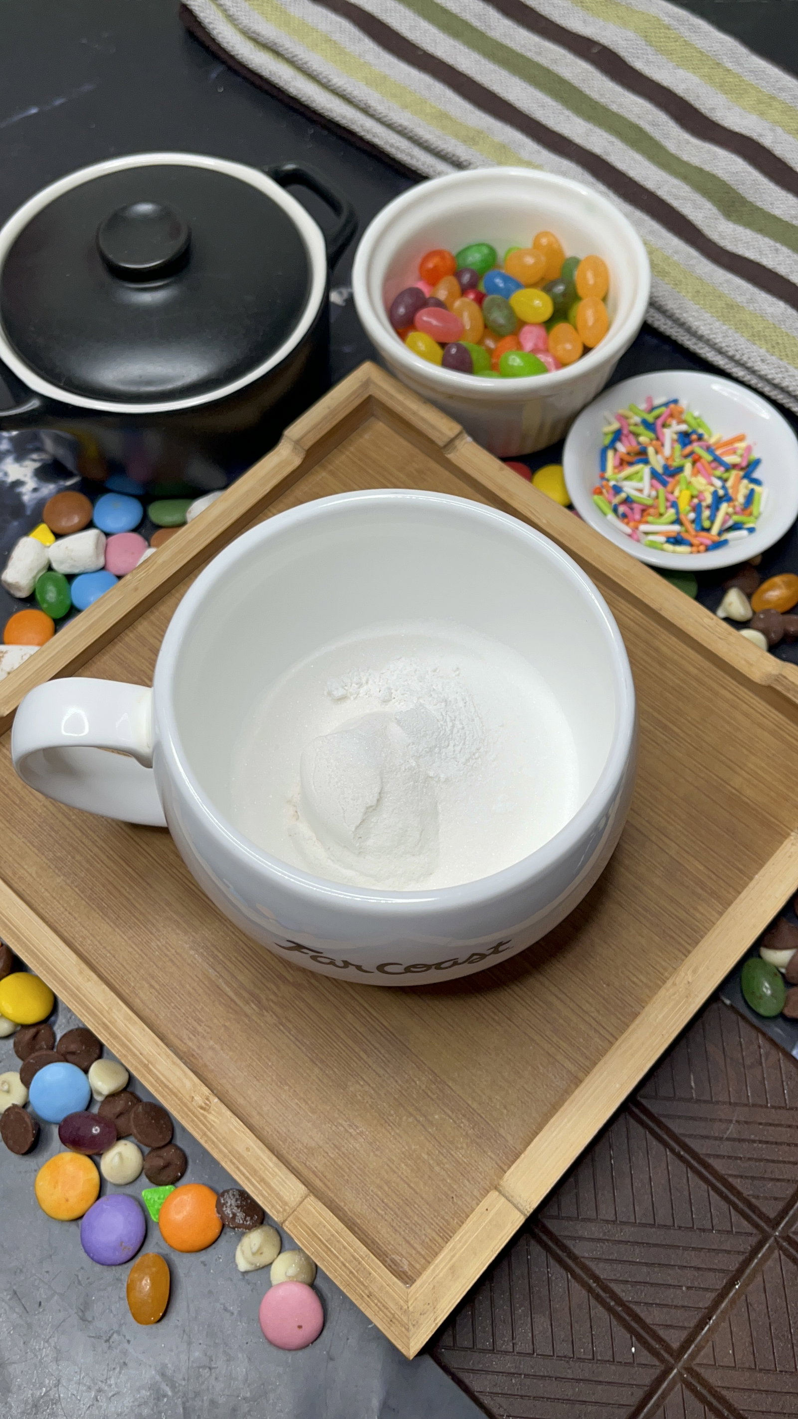 Step 1.1: In a microwave-safe mug, add flour, sugar, and baking powder