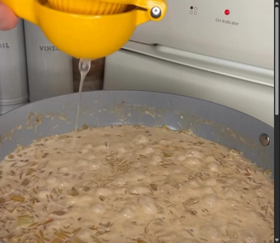 Step 3.1: Mix in heavy cream, Parmesan, and lemon juice and bring to a slight boil