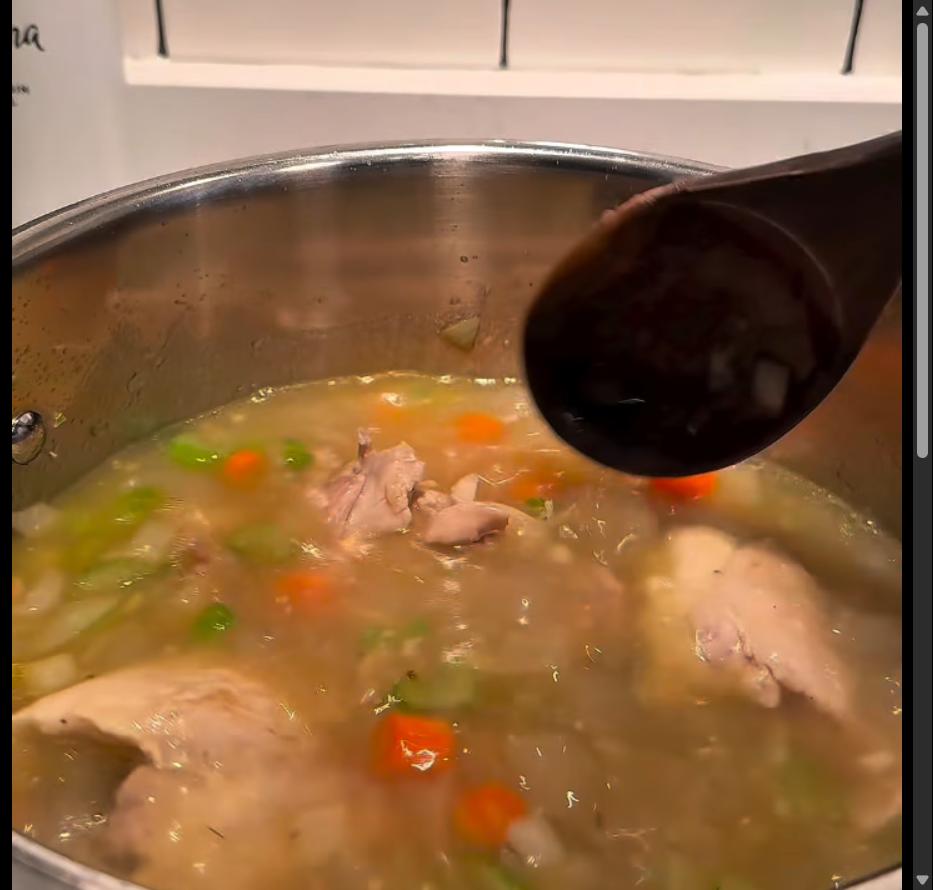 Step 3.1: Add chicken thighs and bone broth to the pot and bring to a simmer