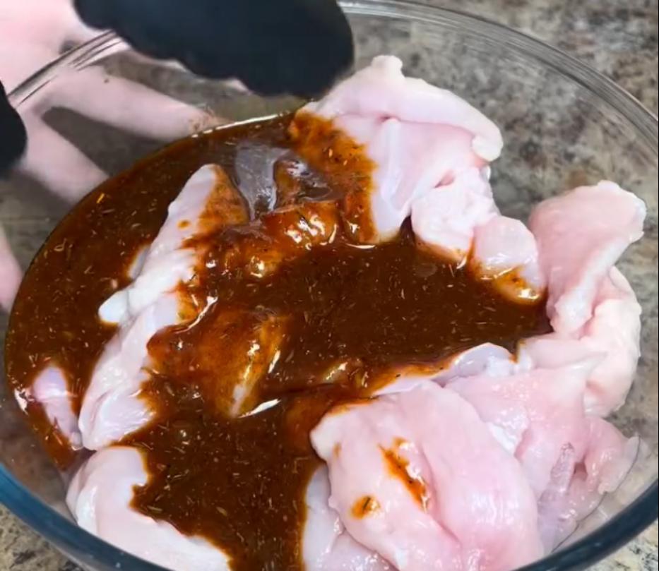 Step 1.1: Marinate the chicken strips in olive oil, vinegar, lemon juice, soy sauce, paprika, mixed herbs, garlic paste, salt, pepper, and ginger powder