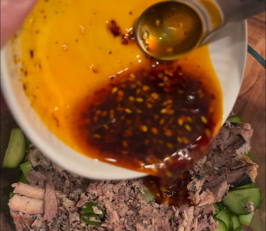 Step 1.1: Pour dressing on top of the sardine salad