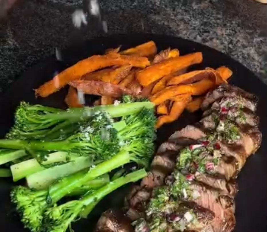 Step 5.1: Serve steak with chimichurri, sweet potato fries, and broccolini