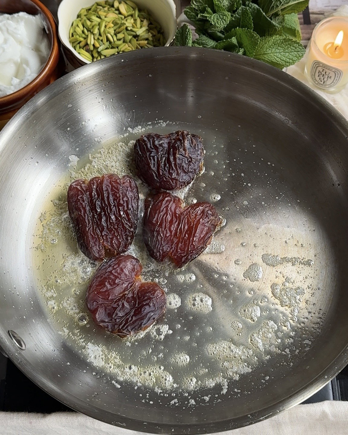 Step 1.1: Add sliced ripe bananas and Medjool dates to the pan