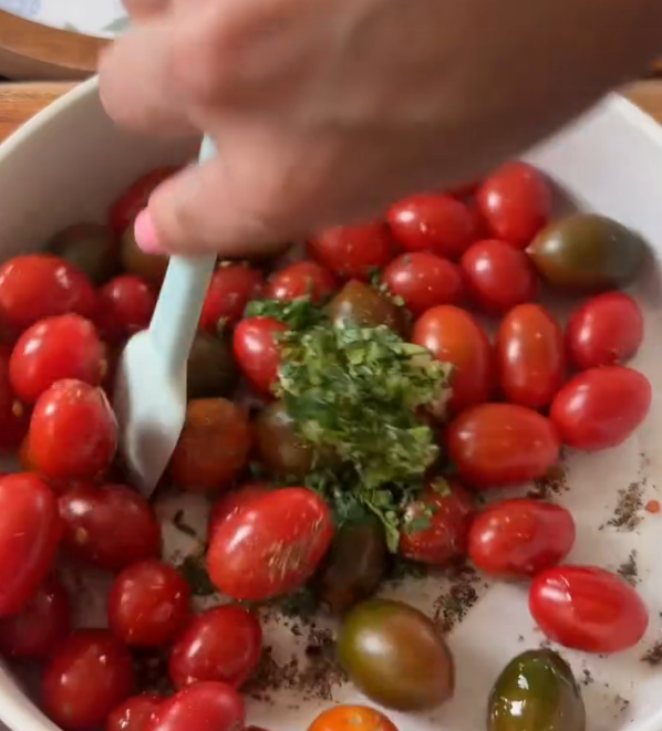 Step 1.1: Add cherry tomatoes, minced garlic, olive oil, salt, pepper, Italian seasoning, and red pepper flakes to a baking dish