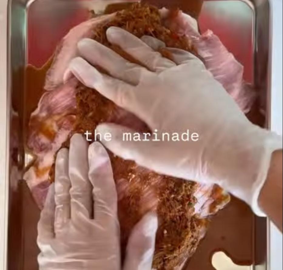Step 1.1: Pour the marinade over the pork jowl and massage it in, making sure every piece is evenly coated
