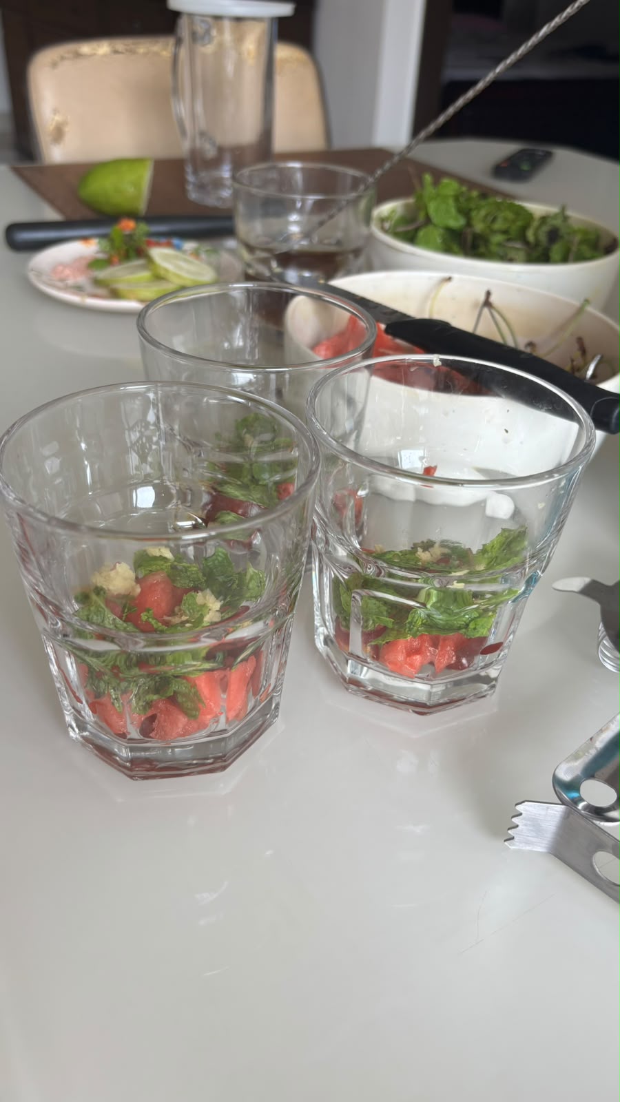 Step 1.1: In a glass or cocktail shaker, add Indian cherries, fresh watermelon, and fresh mint leaves