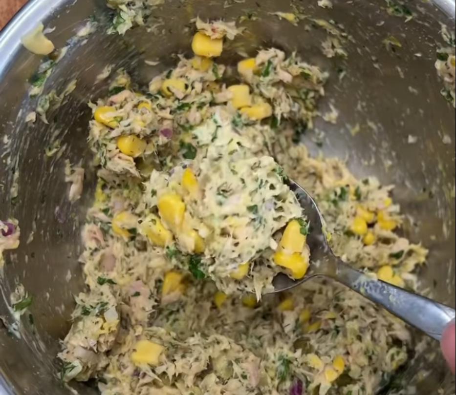 Step 1.1: Mix tuna, parsley, light mayo, yellow mustard, Dijon mustard, corn, dill, basil, shallot, dill pickles, pickled jalapeños, salt, and pepper in a bowl