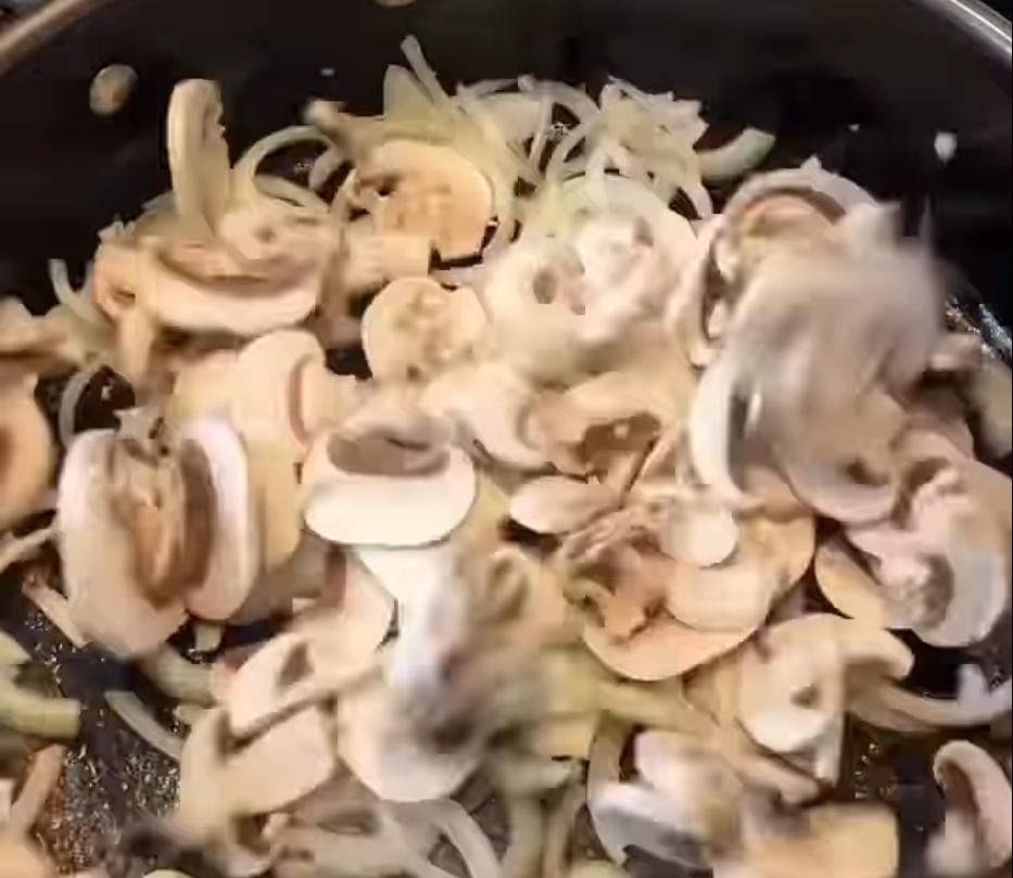 Step 1.1: Add onion and mushrooms to the same pan