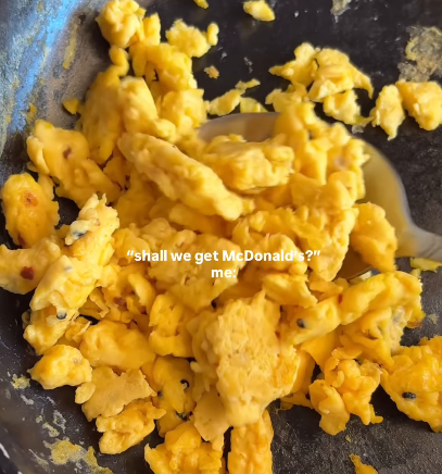 Step 1.1: Make the scrambled eggs by cooking eggs with salt and pepper in a pan until fluffy and set