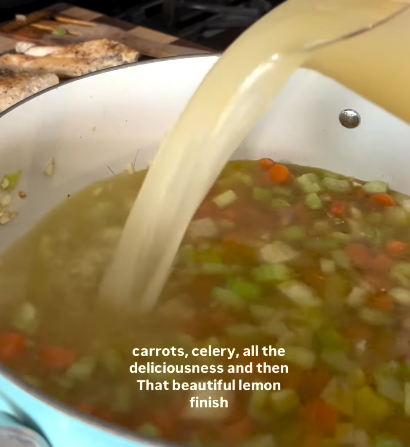 Step 1.1: Pour in the chicken broth and add the orzo noodles