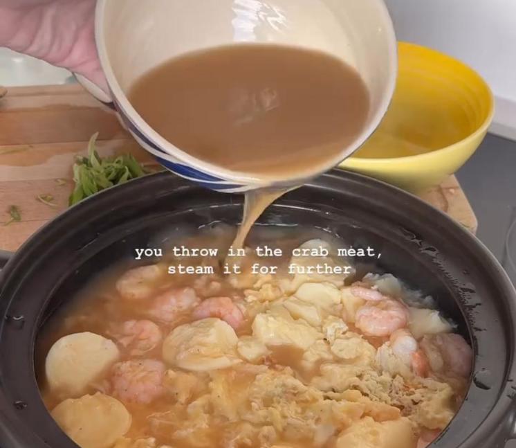 Step 1.1: Stir the sauce again, pour it into the pot, cover, and steam until just set but still silky