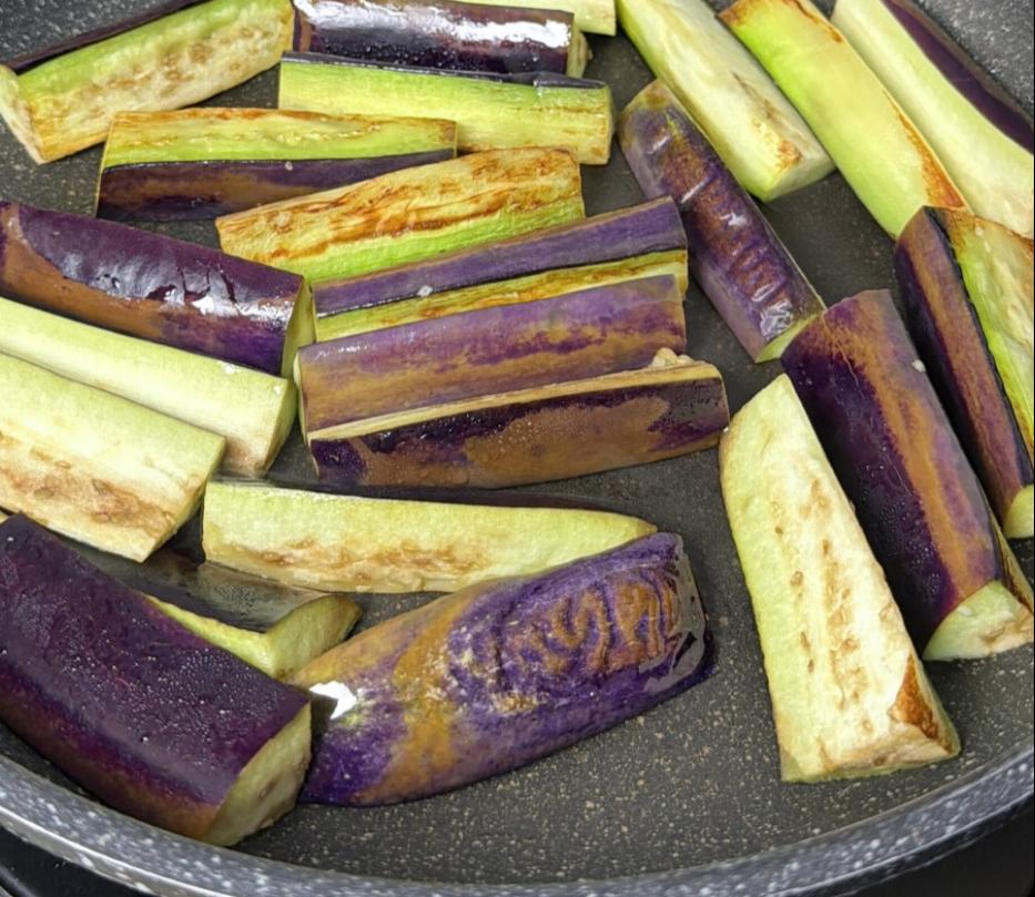 Step 1.1: Pan fry the eggplant with a little oil until lightly charred and soft