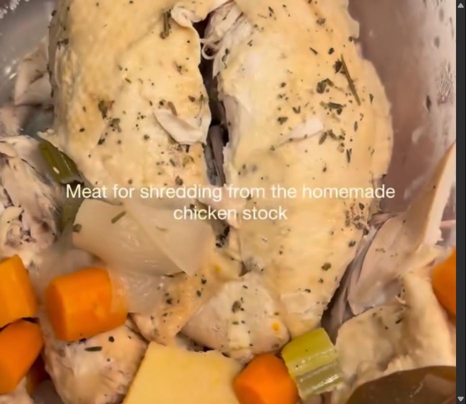 Step 2.1: Strain the cooked stock into glass containers and separate the chicken meat into another container