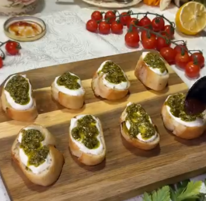 Step 3.2: Layer toppings in order: whipped ricotta, then basil pesto, and finally tomato jam