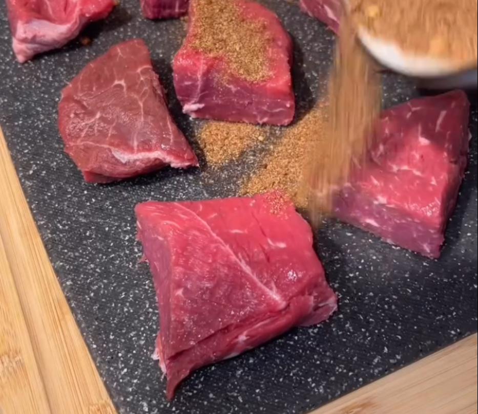 Step 2.1: Rub the spice mix evenly over the beef shoulder