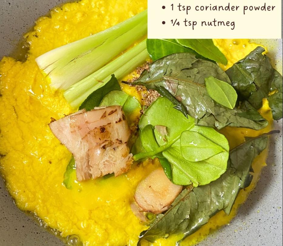 Step 1.1: Saute the blended spice paste with galangal, lemongrass, lime leaves, bay leaves, coriander powder, and nutmeg until fragrant