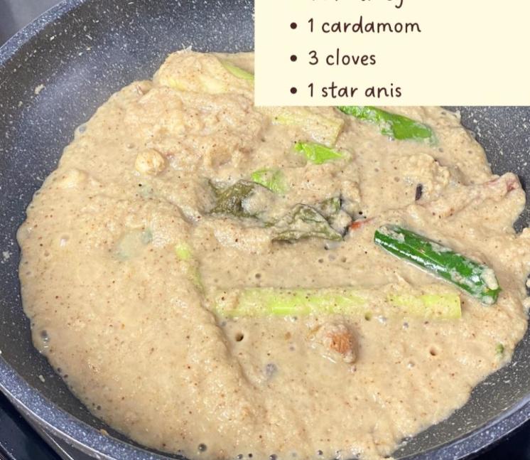 Step 1.1: Saute the spice paste with the aromatics (galangal, lemongrass, lime leaves, bay leaves, cinnamon stick, nutmeg, cardamom, cloves, star anise) until fragrant