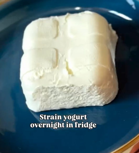 Step 1.1: Strain low-fat yogurt overnight in the fridge using a cheesecloth or fine mesh sieve to remove excess liquid