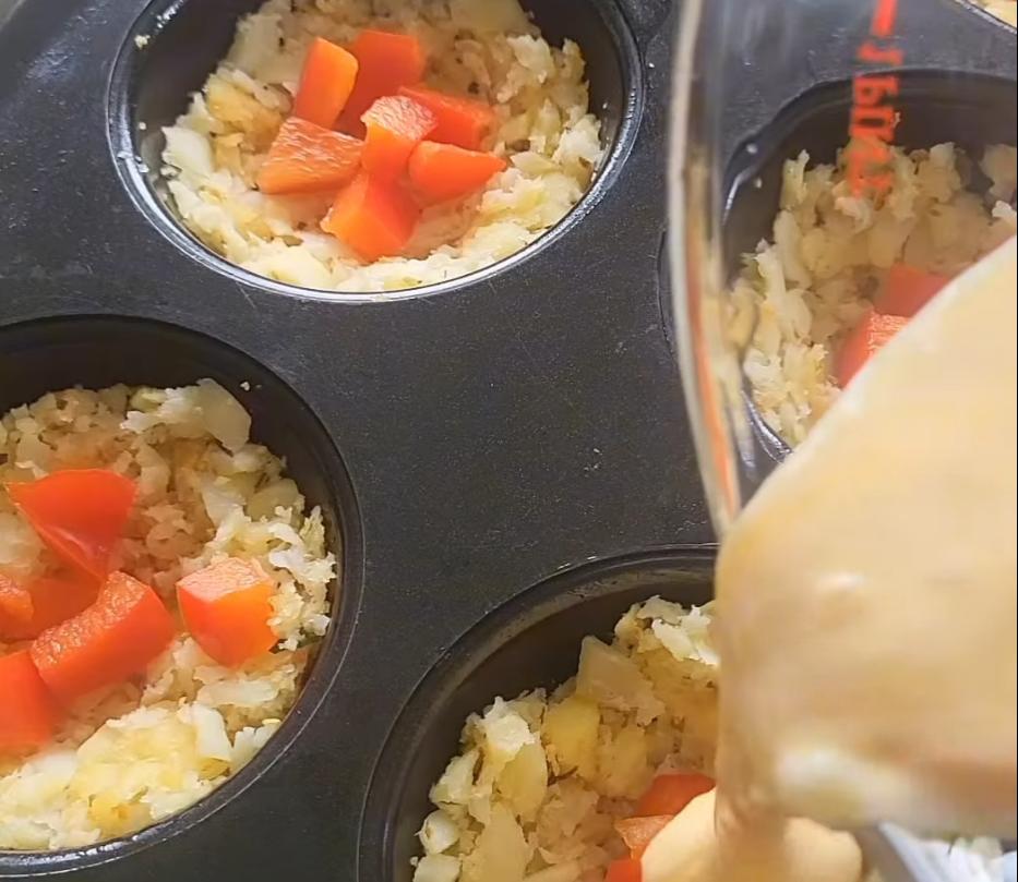 Step 1.1: Pour about a tablespoon of the egg mixture into each case