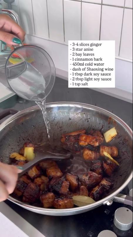 Step 1.1: Add the ginger, star anise, bay leaves, cinnamon bark, and enough water to cover, about 450 mL