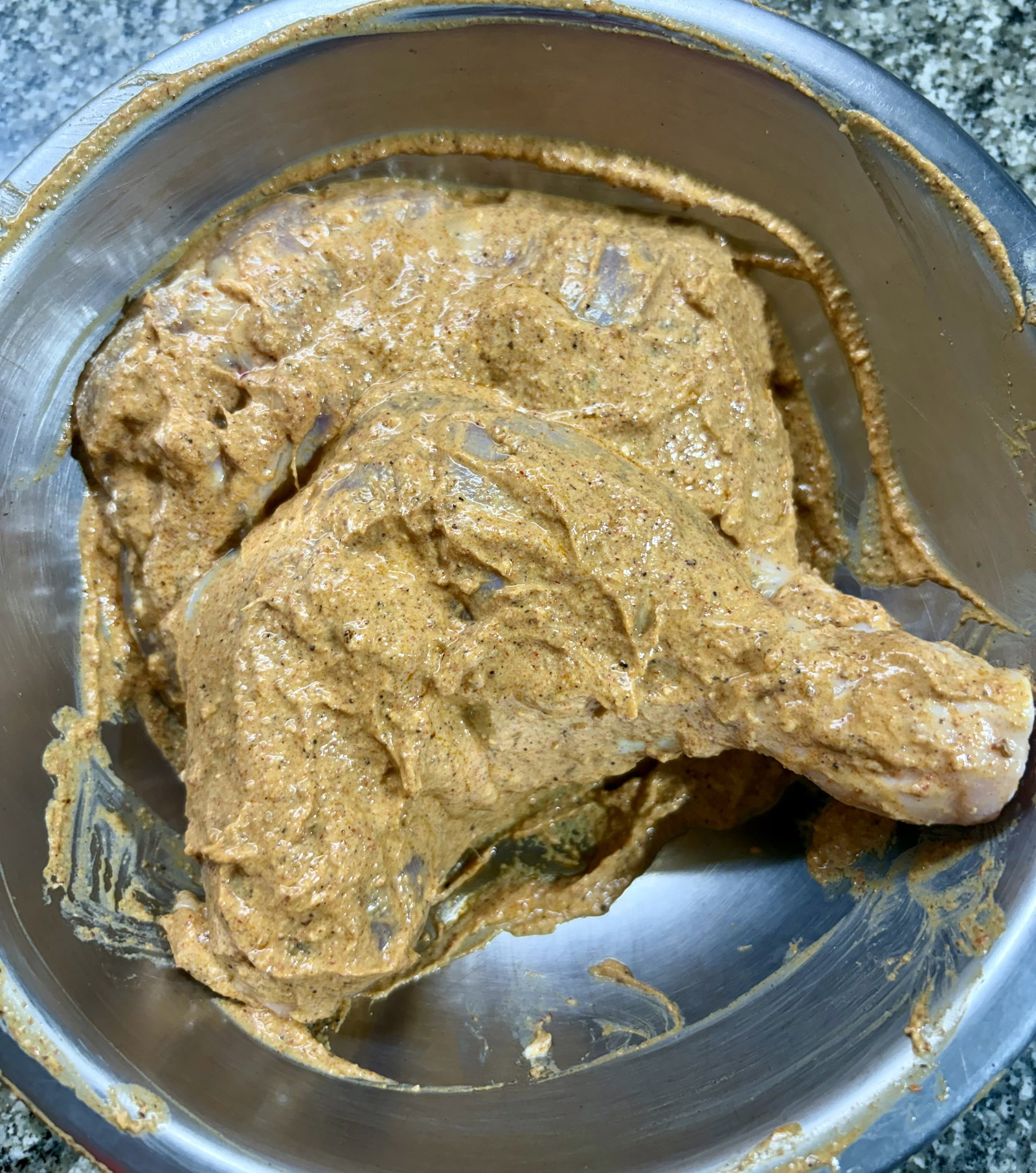 Step 1.2: Pat the chicken quarters completely dry and rub the marinade all over, ensuring it gets deep into the slits