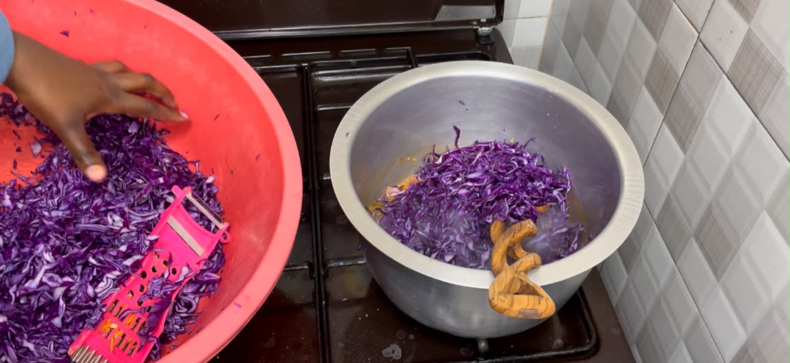 Step 1.1: Cover and simmer on low heat, stirring occasionally, until the cabbage becomes tender
