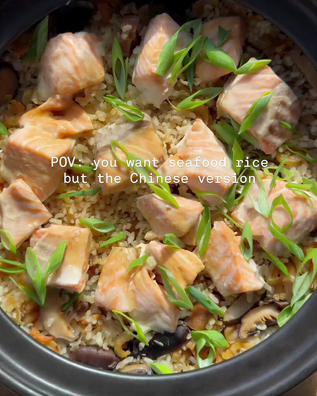 Salmon Rice with Dried Scallops, Shrimp and Shiitake Mushrooms recipe