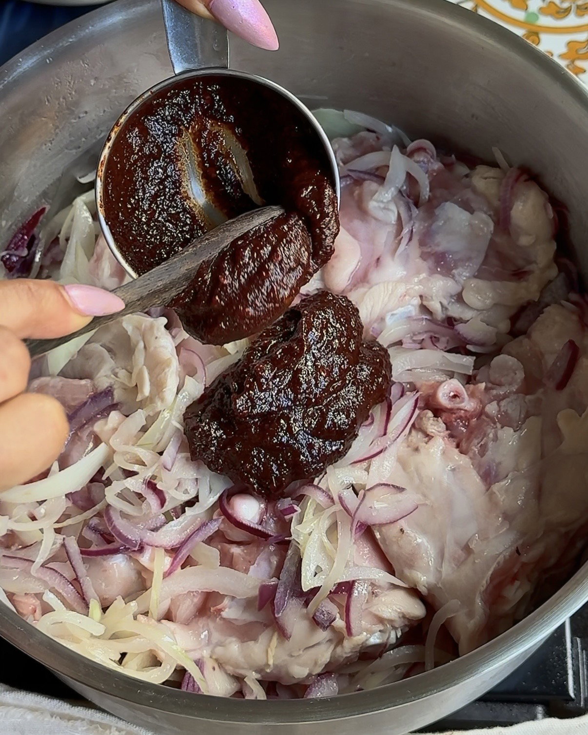Step 1.2: Add the chicken thighs and chipotle paste to the pan