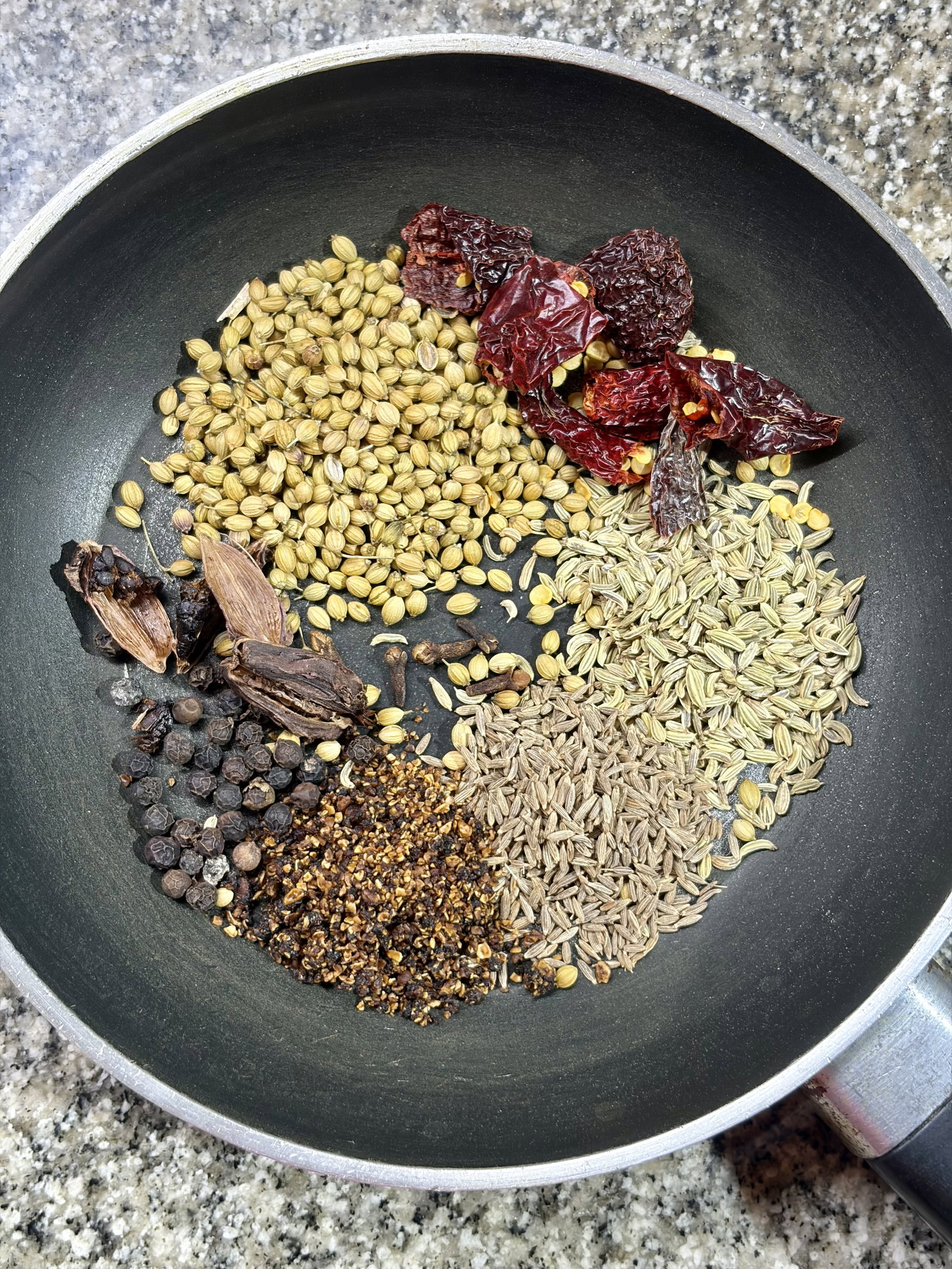 Step 1.1: Add coriander seeds, fennel seeds, cumin seeds, black peppercorns, dry pomegranate seeds, black cardamom, cloves, and dry red chilli to the pan