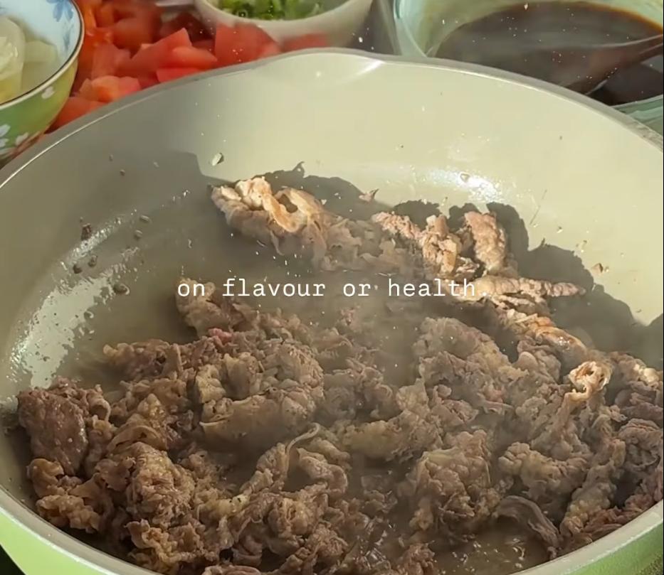 Step 1.1: Heat a pan over medium-high heat and cook the beef for a few minutes until just cooked