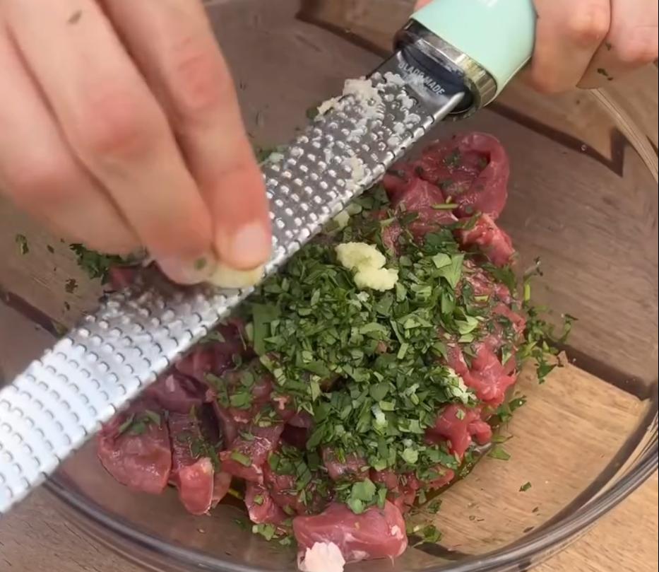 Step 1.1: Combine steak with avocado oil, chopped coriander, lime juice, minced garlic, cumin, dried oregano, smoked paprika, chilli powder, salt and pepper