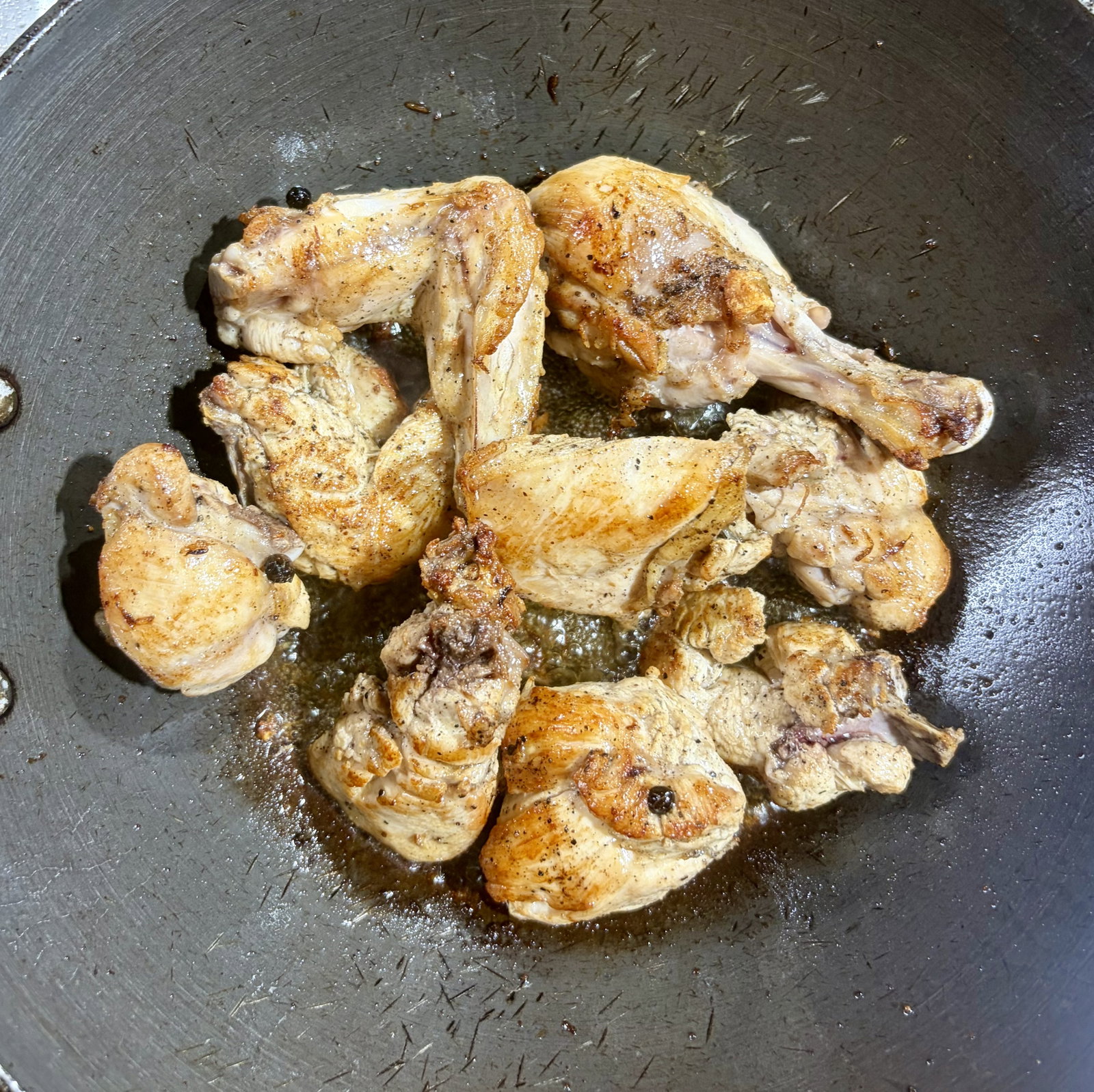 Step 3.2: Add the chicken (keep any leftover juice in the bowl for later) and sear over medium-high heat for 2–3 minutes until lightly golden, then flip to colour all sides