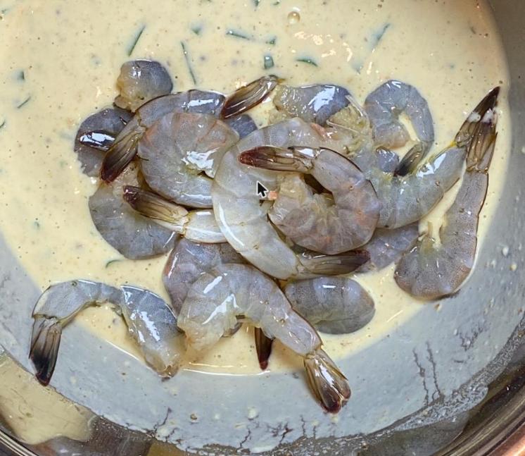 Step 2.1: Add small shrimp to the batter and stir until evenly coated