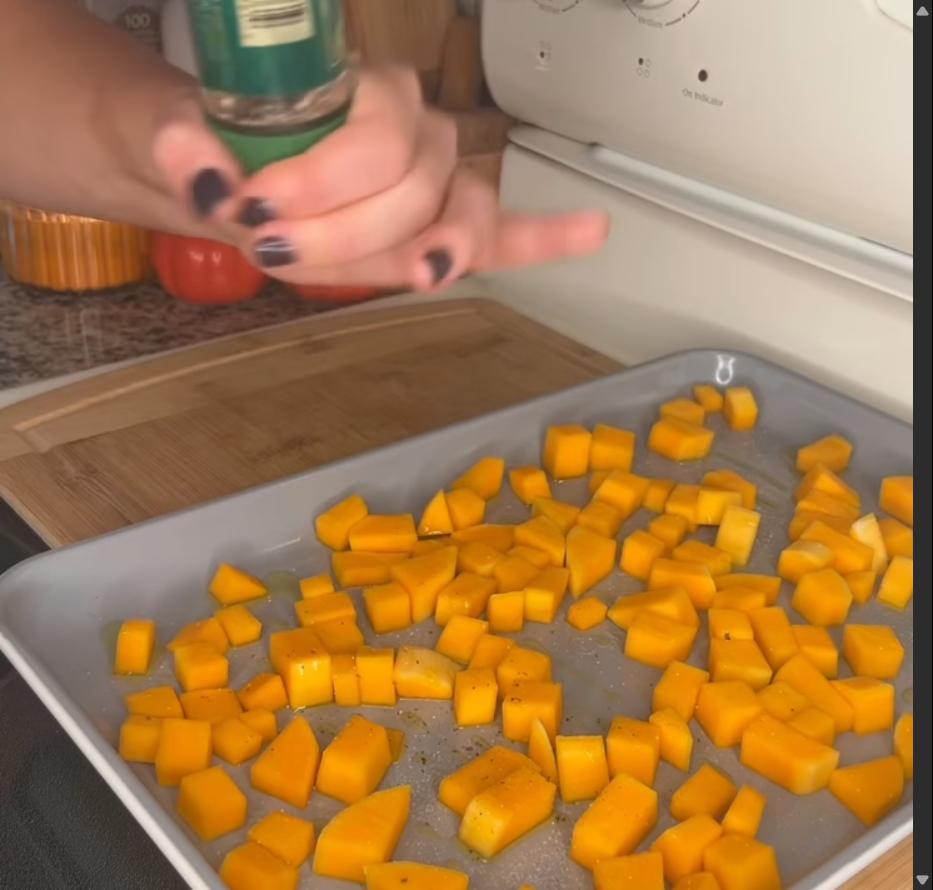 Step 2.1: Place diced squash on a baking sheet, drizzle with olive oil, and season with salt and pepper