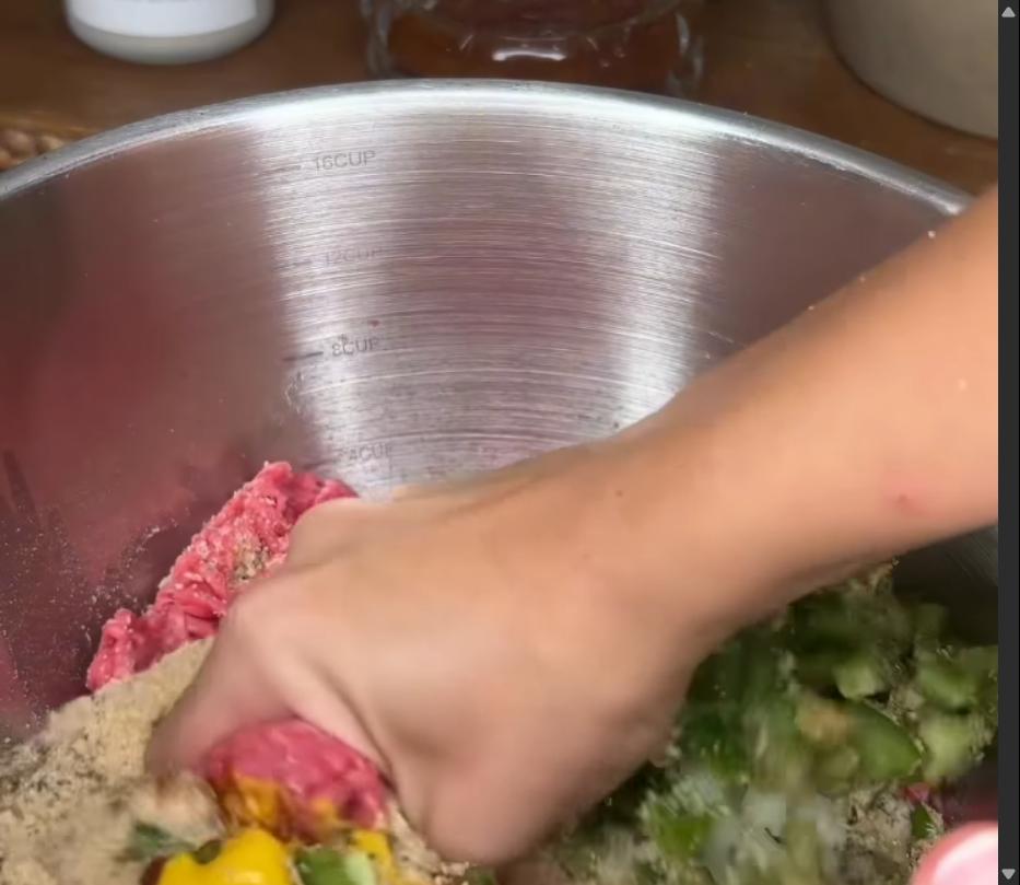 Step 1.1: Combine ground beef, diced onion, green bell pepper, breadcrumbs, egg, garlic powder, onion powder, Italian seasoning, salt, pepper, ketchup, and mustard in a large bowl