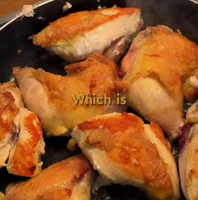 Step 1.1: Lightly flour and salt the chicken before gently frying skin side down until golden, about 10 minutes