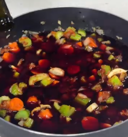 Step 2.1: Pour in 3 cups of wine and beef broth
