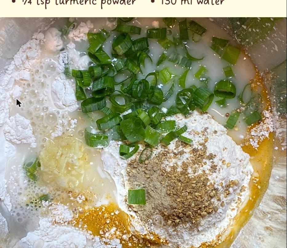 Step 1.1: Mix all purpose flour, rice flour, grated garlic, ground coriander, turmeric powder, green onion, salt, mushroom bouillon, white pepper, and water until well combined