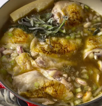 Step 1.1: Add the beans, chicken bone broth, sage, and Parmesan rind