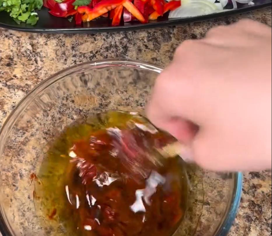 Step 1.1: Mix the pepper paste, olive oil, balsamic vinegar, lime juice, salt, and pepper to make the dressing