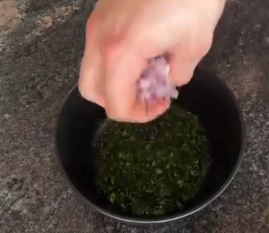 Step 1.1: Combine parsley, garlic, red onion, oregano, chilli flakes, red wine vinegar, olive oil, salt, and pepper