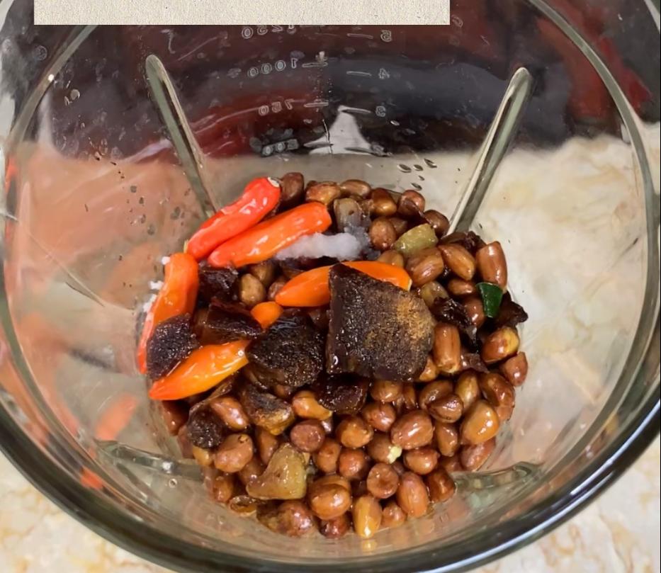Step 1.1: Blend fried peanuts and aromatics with chilies, salt, palm sugar, kecap manis, and water to make the peanut sauce