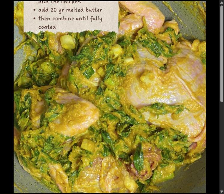 Step 3.1: Add lemon basil, green onion, and the marinated chicken to the spice paste