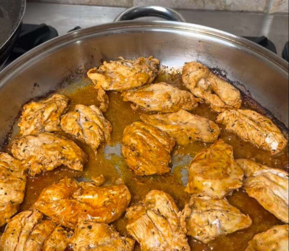 Step 1.1: Cook the marinated chicken on medium to high heat for 25 minutes until cooked through and slightly browned