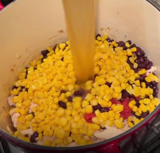 Step 3.2: Add shredded chicken, Rotel, black beans, corn, and chicken broth