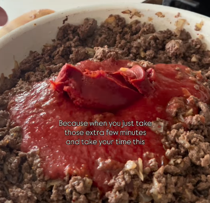 Step 1.1: Add in tomato paste, tomato sauce, and water, then stir together