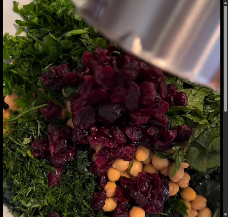 Step 3.1: Combine the chopped kale, chickpeas, dill, mint, avocado, dried cranberries, and pecans in a large bowl