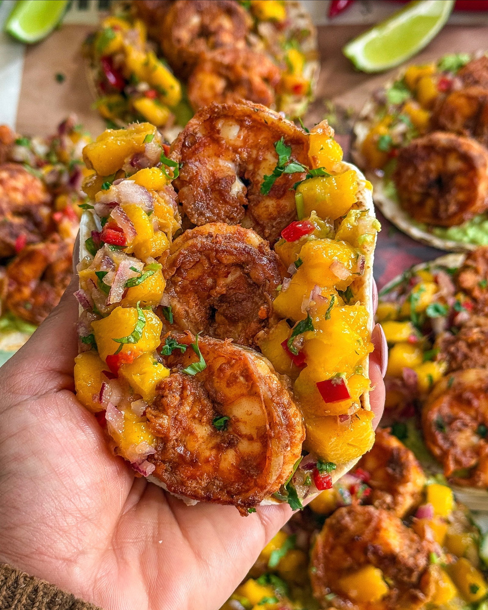 Chipotle Shrimp Tacos with Mango Salsa & Avocado Crema recipe